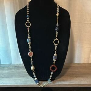 Chico’s long Chain Necklace #144 Blue Burnt Orange Gold tone